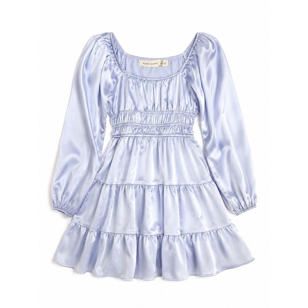 Altar’d State Satin Blue Mini Dress Puff Sleeve Smocked Cottagecore XS